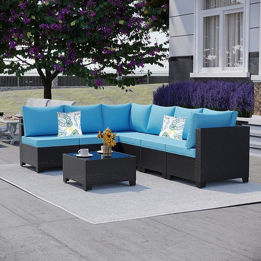 Outdoor Wicker Patio Furniture Set, Rattan Sectional Sofa Set with Thick Cushions (Coffee/Peacock Blue, 7 Piece Sofa Set)