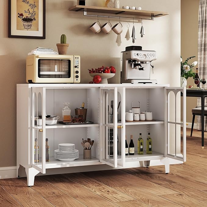 Foreate Sideboard Buffet Cabinet with Glass Door & LED Light, 53.2" Large Buffet Cabinet with Storage & Adjustable Shelf, Farmhouse Sideboard Credenzas Metal Kitchen Buffet, White