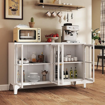 Foreate Sideboard Buffet Cabinet with Glass Door & LED Light, 53.2" Large Buffet Cabinet with Storage & Adjustable Shelf, Farmhouse Sideboard Credenzas Metal Kitchen Buffet, White