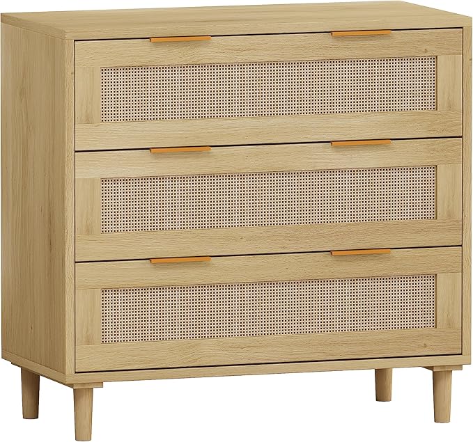 GDFStudio 31.5" Rattan Storage Cabinet with 3 Drawers, Modern Farmhouse Sideboard Buffet Cabinet, Wood Credenza Console Table for Living Room Dining Room Kitchen Hallway, Easy Assembly, Oak