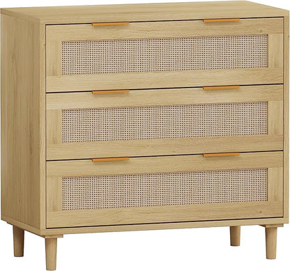 GDFStudio 31.5" Rattan Storage Cabinet with 3 Drawers, Modern Farmhouse Sideboard Buffet Cabinet, Wood Credenza Console Table for Living Room Dining Room Kitchen Hallway, Easy Assembly, Oak