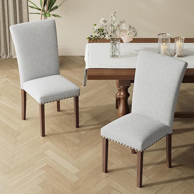 COLAMY Upholstered Parsons Dining Chairs Set of 4, Fabric Dining Room Kitchen Side Chair with Nailhead Trim and Wood Legs - Light Grey