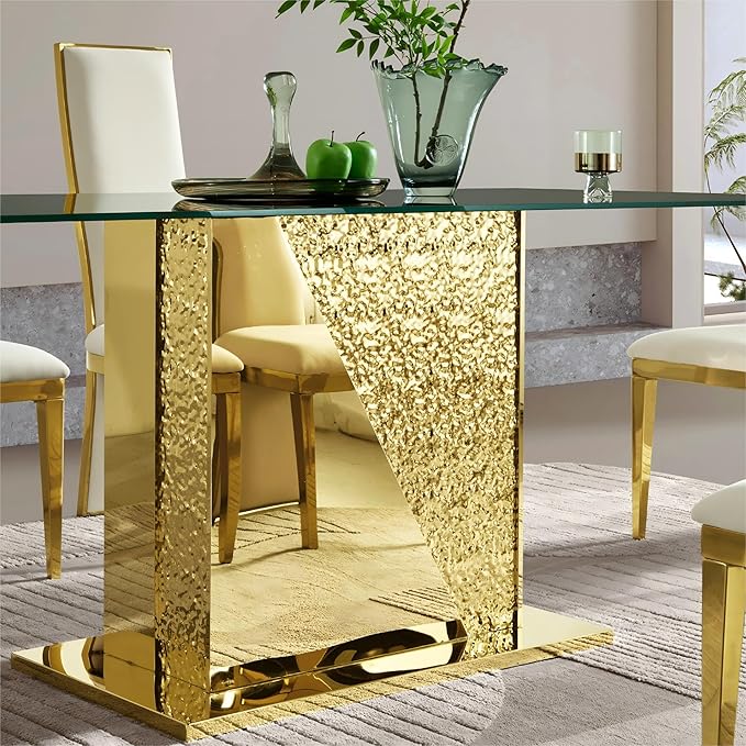 Modern Rectangular Glass Dining Table for 6-8,Elegant Dining Room Tables with Gold Mirrored Stainless Steel Base,70'' Kitchen Table with Black Glass top,for Kitchen Room/Office(Only Table)