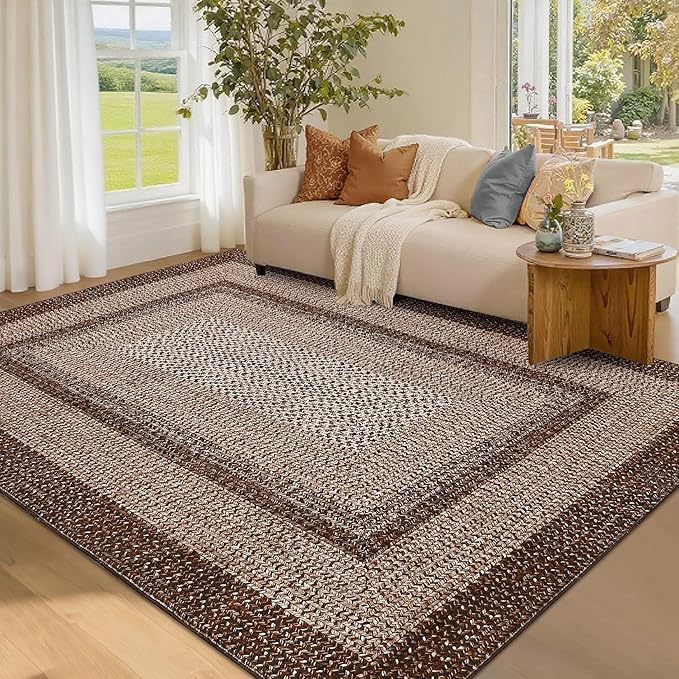 Printed Washable Rug 8x10 Area Rugs for Living Room Modern Bedroom Rug Brown Imitation Braided Large Area Rug Non Slip Throw Rugs Stain Resistant Carpet for Nursery Dining Room 8'x10'