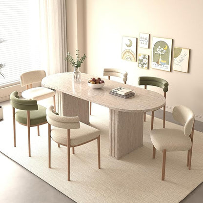 Extendable Dining Room Table for 4 6 8, 78.74" to 62.99" Beige Faux Travertine Marble Pattern Modern Farmhouse Wooden Kitchen Expanding Long Large Expandable Conference Table with Pedestal Base