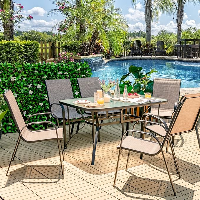 Giantex Patio Dining Table for for 4-6 Person, Outdoor Table with 1.5” Umbrella Hole, Rectangular Tempered Glass Tabletop, Sturdy Steel Frame, 55” x 35” x 28”