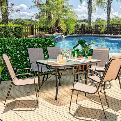 Giantex Patio Dining Table for for 4-6 Person, Outdoor Table with 1.5” Umbrella Hole, Rectangular Tempered Glass Tabletop, Sturdy Steel Frame, 55” x 35” x 28”