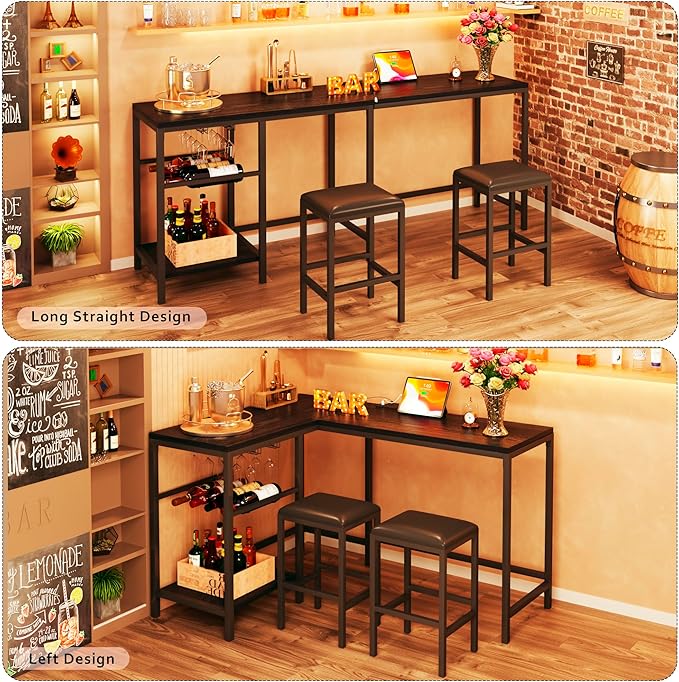 Bar Table and Chairs Set for 2-4, 3-Piece Convertible L-Shaped Dining Set with Storage Shelves & Cup Holder & Wine Rack, 63'' Corner Kitchen Table Set with 2 PU Cushion Stools & Power Outlets, Black