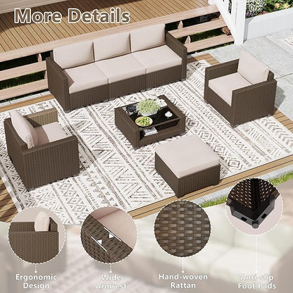 LOUVIXA 7 Piece Outdoor Patio Furniture Set, Rattan Chairs Glass Table Wicker Conversation Seating Sectional Sofa with Cushions (Brown-Beige, 7Pcs-2 Layer Coffee Table)