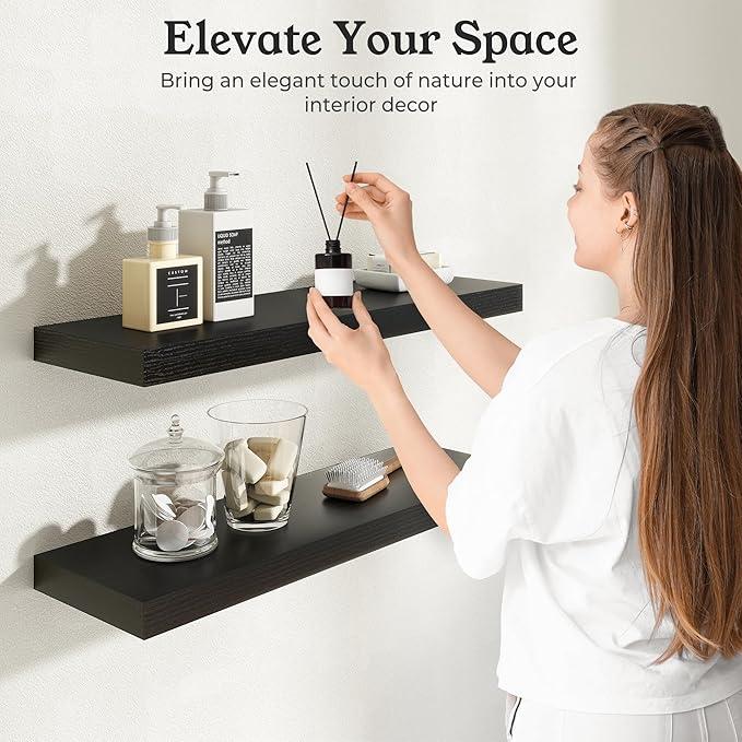 Floating Shelves for Wall, 9.3" Deep Wall Mounted Wood Shelves for Bathroom, Bedroom (Black, 48)