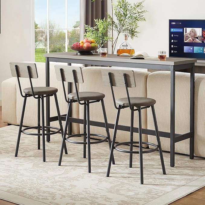 GNIXUU 4 Piece Long Bar Table and Chairs Set, Industrial Counter Height Dining Table Set with Sofa Bar Table and 3 Upholstered Stools with backrest for Breakfast Nook Living Room Small Space(Grey)
