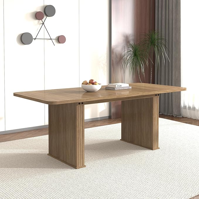 79" Extendable Island Table, Rustic Dining Table with Wooden Build & Vertical Stripes, Farmhouse Dining Table with Double Robust Pedestal for Family Gatherings, Beige Brown