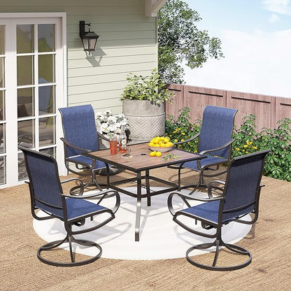 PHI VILLA 5 Piece Outdoor Patio Dining Set with 4 Swivel Dining Chairs & 1 Wood-Like Dining Table, All Weather Blue Textilene Mesh Fabric Chair and Square Metal Table for Deck Lawn Garden
