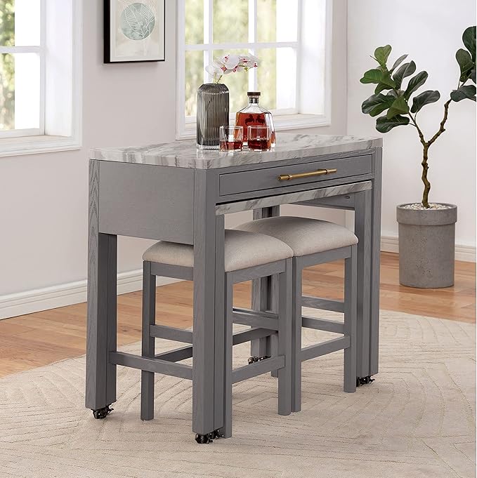 Grey 39" Rectangle Counter Dining Table White Farmhouse Wood Natural Finish Casters Drawers