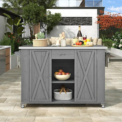 YOPTO Outdoor Kitchen Island Fir Wood Kitchen Island with Stainless Steel Top,Ample Storage Space,Towel and Spice Racks and a Bottle Opener for Outdoor,Grey