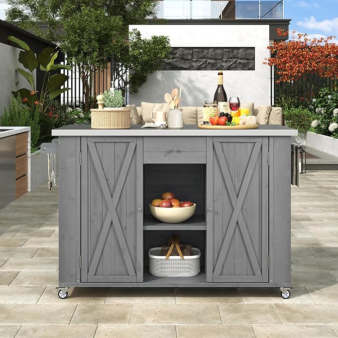Flieks Outdoor Kitchen Island Fir Wood Kitchen Island with Stainless Steel Top, Ample Storage Space, Towel and Spice Racks and a Bottle Opener for Outdoor, Grey
