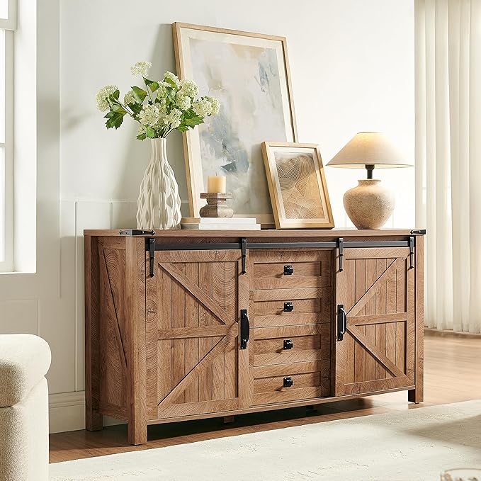 T4TREAM Farmhouse Sideboard Buffet Cabinet with Storage, 60" Large Kitchen Cabinet w/Sliding Barn Doors and 4 Drawers, 31.2'' Tall Wood Coffee Bar Table for Dining Room, Light Tree Knot