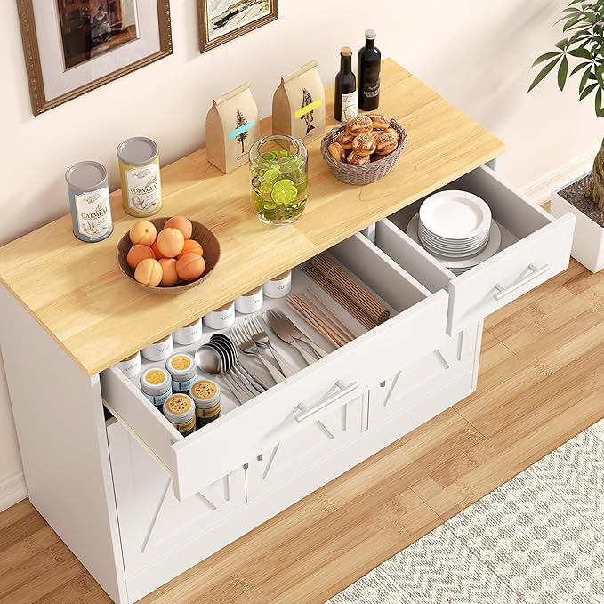 Shintenchi 3 Doors Farmhouse Sideboard Buffet Cabinet,42" Barn Doors Buffet with Storage,Wood Coffee Bar Cabinet with Adjustable Shelf for Kitchen,Living Room,White