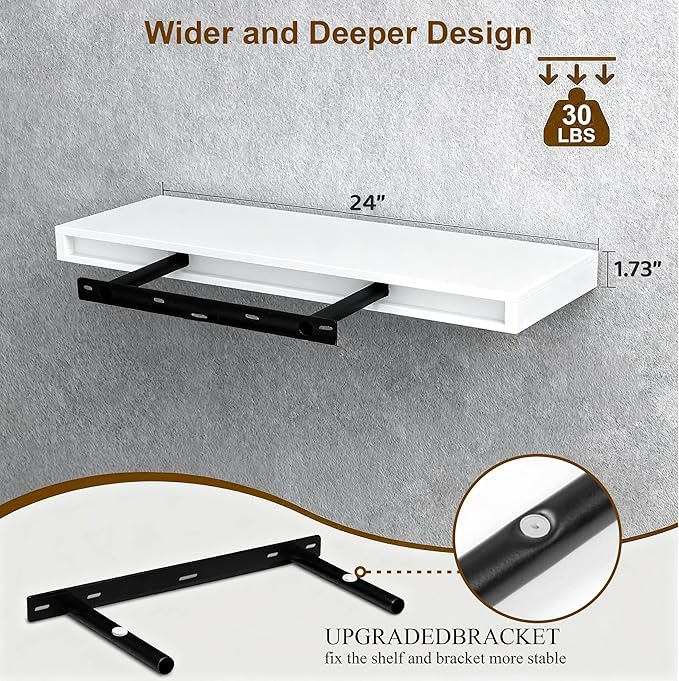 Floating Shelves for Wall(Set of 2)-24 Inch White Wood Wall Shelf with Invisible Brackets for Bathroom,Bedroom,Drawingroom,Kitchen for Decor(White,2pcs)
