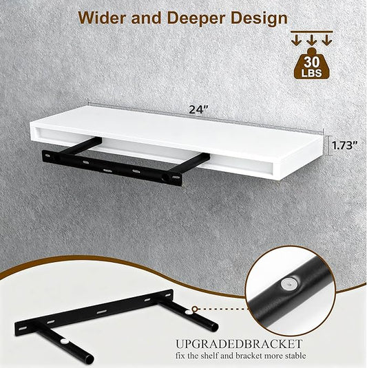 Floating Shelves for Wall(Set of 2)-24 Inch White Wood Wall Shelf with Invisible Brackets for Bathroom,Bedroom,Drawingroom,Kitchen for Decor(White,2pcs)