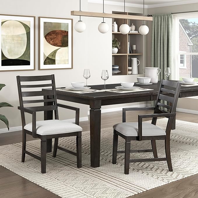 Lexicon Dining Arm Chairs Set of 2, Wood Frame and Beige Textured Fabric Upholstered Seat, Ladder Back, Accent Seating with Arms for Dining Room, Kitchen Table, Office, Easy Assembly, Dark Espresso