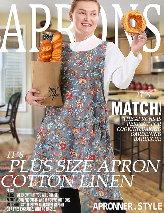 Big Plus Size Aprons for Women with Pockets Cotton Linen Baking Kitchen Cooking