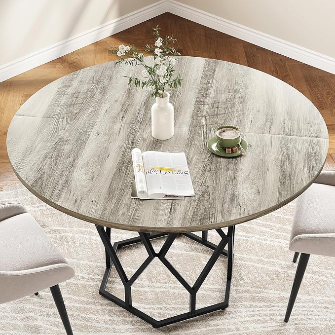 GarveeHome 47-inch Round Dining Table for 4-6 People, Farmhouse Kitchen Table with Diamond Metal Base, Industrial Wood Circle Dinner Table for Dining Room, Kitchen, Living Room, Grey