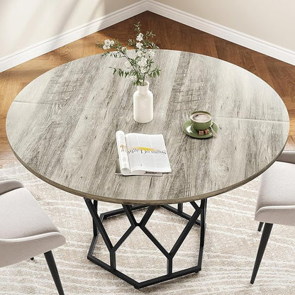 GarveeHome 47-inch Round Dining Table for 4-6 People, Farmhouse Kitchen Table with Diamond Metal Base, Industrial Wood Circle Dinner Table for Dining Room, Kitchen, Living Room, Grey