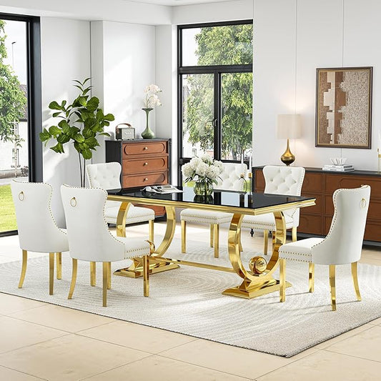 7-Piece Modern Luxury Dining Table Set, 70" Black Tempered Glass Dining Table with Gold Polished Stainless Steel U-Shaped Pedestal Base, 6 White Velvet Upholstered Chairs, for Dining Room, Office