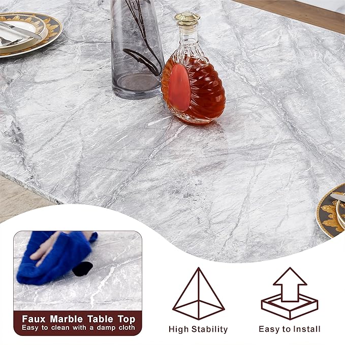 70" Marble Dining Table for 6-8, Modern Luxury Silver Rectangular Large Kitchen Table, Marble Grain MDF Tabletop & Stainless Steel Base, Dinner Furniture for Kitchen Dining Room, Meeting Room, Grey