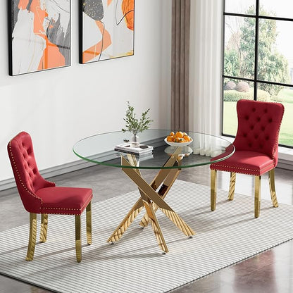 Henf 47.24" Glass Round Dining Table with X-Shape Metal Legs, Gold Kitchen Table for 4-6 People, Round Glass Dining Room Table for Small Space, Easy Assembly Circular Side Desk