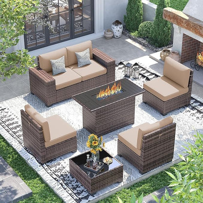 UDPATIO Patio Furniture Set with Fire Pit Table, 8 Inch Armrest 7 Piece Outdoor Sectional Sofas, All-Weather Wicker Conversation for Garden, Backyard, Brown/Khaki