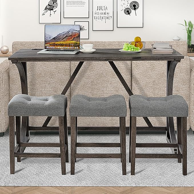 4-Piece Counter Height Table Set with Power Outlet, Wooden Dining Table and 3 Upholstered Stools, Modern Kitchen Pub Set for 4, Dark Gray
