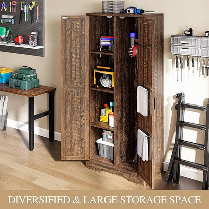 DWVO Wooden Storage Cabinet, Vacuum Cleaner Cabinet Storage Compatible with Dyson Models, Utility Cabinet Stand for Brooms and Mops, Cleaning Tool Cabinet with Doors for Garage