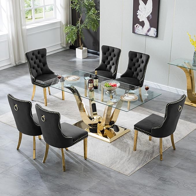 70" Glass Dining Table for 6-8, Modern Dining Room Table with 0.39" Tempered Glass Top and Dual U-Shaped Gold Stainless Steel Base, Rectangle Kitchen Dinner Table for Dining Room