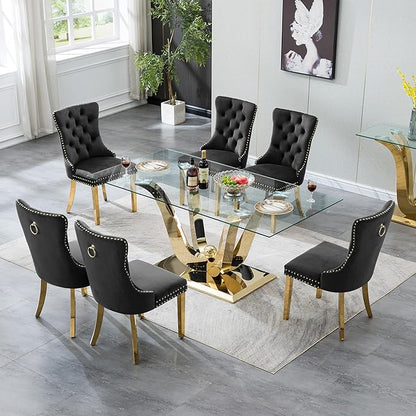 70" Glass Dining Table for 6-8, Modern Dining Room Table with 0.39" Tempered Glass Top and Dual U-Shaped Gold Stainless Steel Base, Rectangle Kitchen Dinner Table for Dining Room
