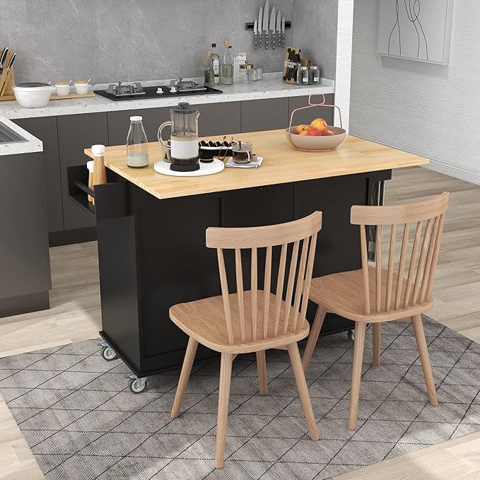 GOWE Rolling Mobile Kitchen Island with Solid Wood Top and Locking Wheels,52.7 Inch Width,Storage Cabinet and Drop Leaf Breakfast Bar,Spice Rack, Towel Rack & Drawer (Black)