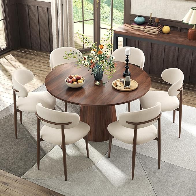 Farmhouse Round Dining Table Set for 6, 47 in Kitchen Table with MDF Tabletop & Base, Beige Fabric Upholstered Chairs with Walnut-Grain Metal Legs for Home Small Apartment (1 Table+6 Chairs)