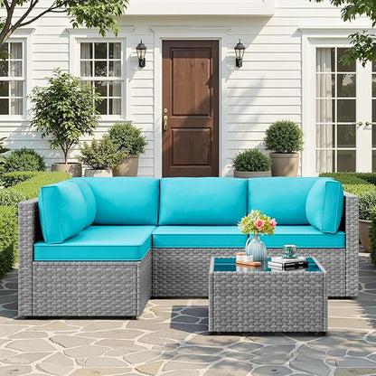 JAMFLY 5-Piece All-Season Wicker Patio Sofa Set with Thick Cushions & Coffee Table, Modular Indoor Outdoor Furniture for Poolside, Garden, Sunroom & Porch, Blue