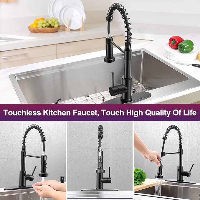 Herogo Touchless Kitchen Faucets with Soap Dispenser, Motion Sensor Activated Commercial Stainless Steel Sink Faucets with Pull Down Sprayer, Matte Black Single Handle Faucets for Vanity Farmhouse RV