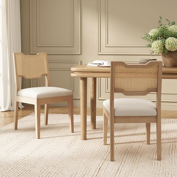 Christopher Knight Home 28" Farmhouse Barstools Set of 2, Upholstered Armless Counter Stools with Natural Rattan Backrest, Solid Rubber Wood Dining Chairs for Kitchen Island Dining Room, Walnut+Beige