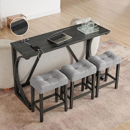 Merax 59 Inch Industrial Bar Table Set with Power Outlet, 3 Linen Upholstered Stools, Counter Height Table Set with 24 Inch Seat Height Stools for Kitchen, Living Room,Black+Light Gray