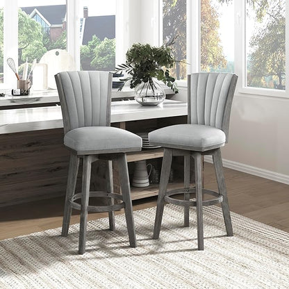 Lexicon Swivel Bar Stools Set of 2, Wood Frame Bar Height Stools with Footrest and Back, for Kitchen Island, Dining Room, 30.5" SH, Grey Finish and Thick Grey Velvet Cushion Seat