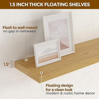 Fun Memories 16 Inch Long Floating Shelves, 9.3 Inch Deep Floating Shelf for Wall, Living Room, Kitchen, Rustic Deep Wood Shelves for Bathroom, 2 Pack Storage Display Shelf for Books, Decor, Oak