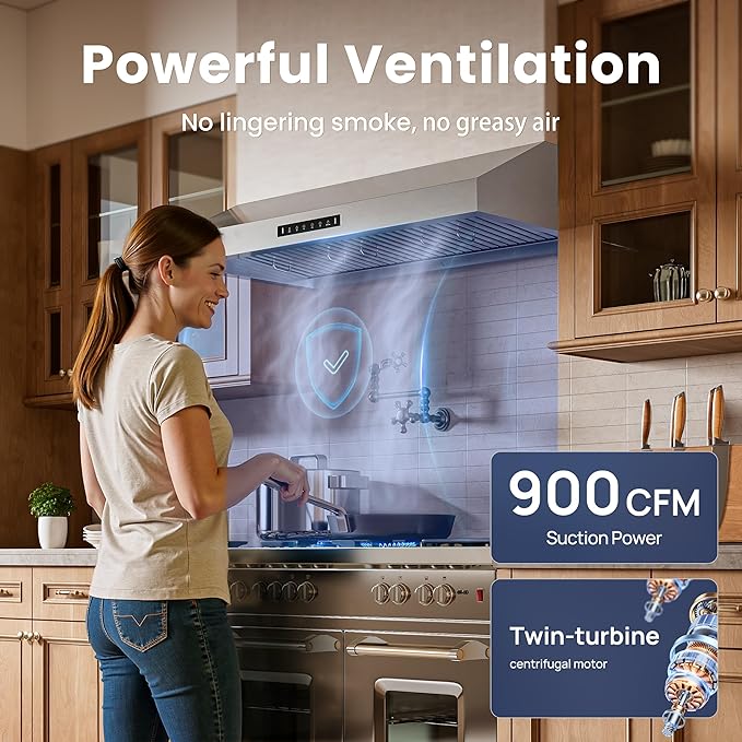 VIKIO HOME Under 30 Inch Cabinet Range Hood 3 Speed Gesture Sensing & Touch Control with 900CFM Vent Hood, Stainless Steel Kitchen Hood with LED Light and 2 Baffle Filters with Handlebar