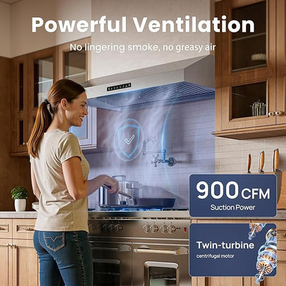 VIKIO HOME Under 30 Inch Cabinet Range Hood 3 Speed Gesture Sensing & Touch Control with 900CFM Vent Hood, Stainless Steel Kitchen Hood with LED Light and 2 Baffle Filters with Handlebar