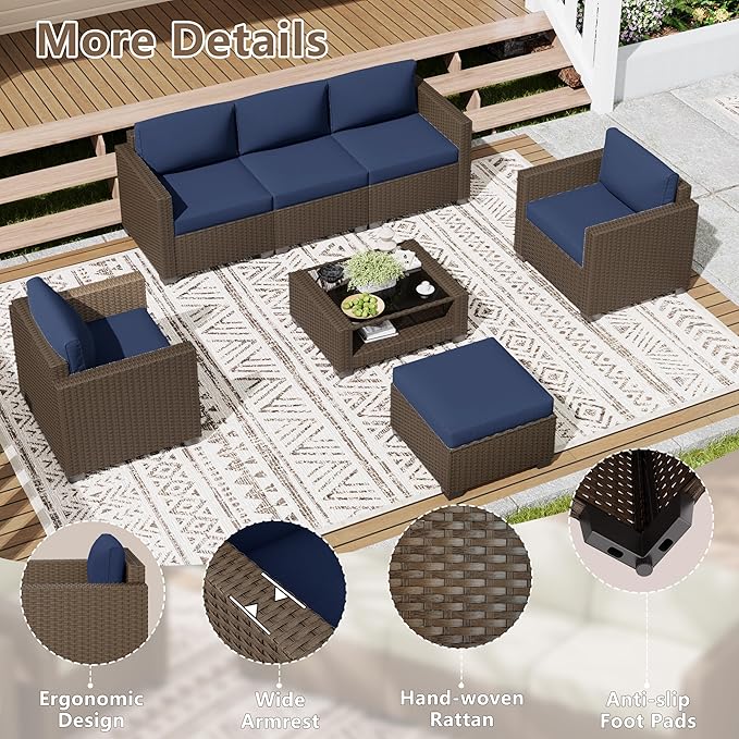 LOUVIXA 7 Piece Outdoor Patio Furniture Set, Rattan Chairs Glass Table Wicker Conversation Seating Sectional Sofa with Cushions (Brown-Navy, 7Pcs-2 Layer Coffee Table)