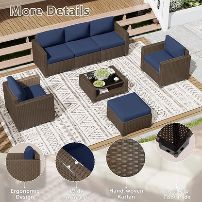 LOUVIXA 7 Piece Outdoor Patio Furniture Set, Rattan Chairs Glass Table Wicker Conversation Seating Sectional Sofa with Cushions (Brown-Navy, 7Pcs-2 Layer Coffee Table)