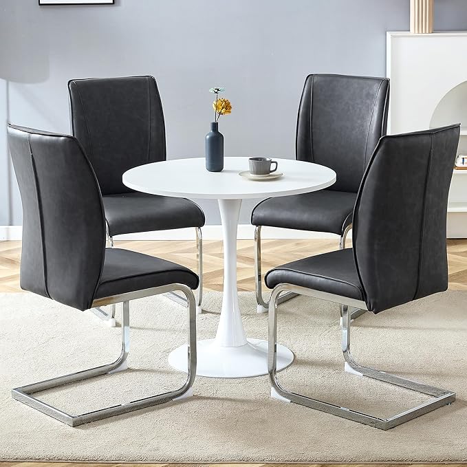 Small Round Dining Table Set with 4 Chairs, 31.9x31.9 Inch White MDF Top and Hourglass-Shaped Legs, Dark Gray PU Seats with Arched Metal Silver Legs for Kitchen and Dining Room