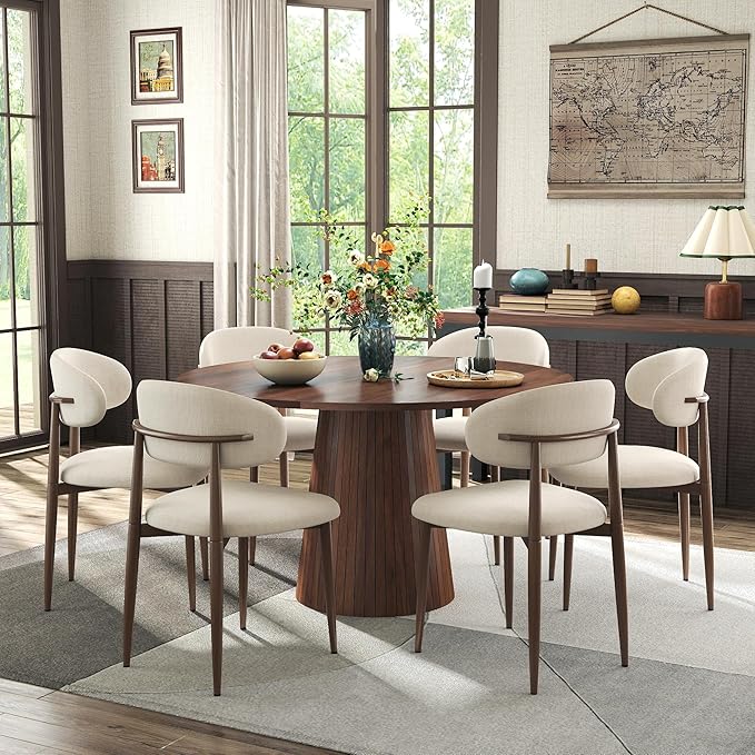Farmhouse Round Dining Table Set for 6, 47 in Kitchen Table with MDF Tabletop & Base, Beige Fabric Upholstered Chairs with Walnut-Grain Metal Legs for Home Small Apartment (1 Table+6 Chairs)